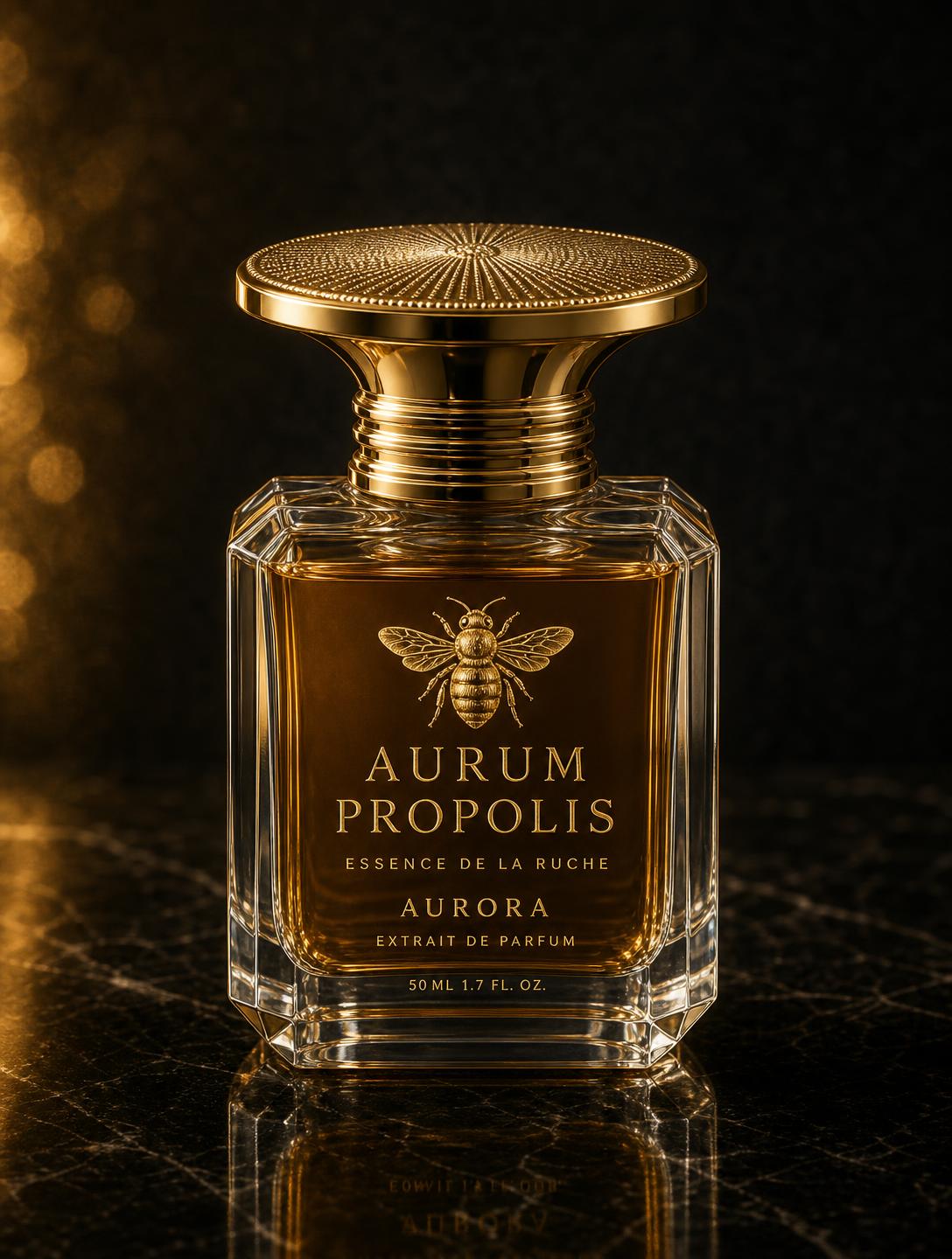 Aurora, Aurum Propolis — Essence de la Ruche — octagonal crystal flacon with gold guilloché cap