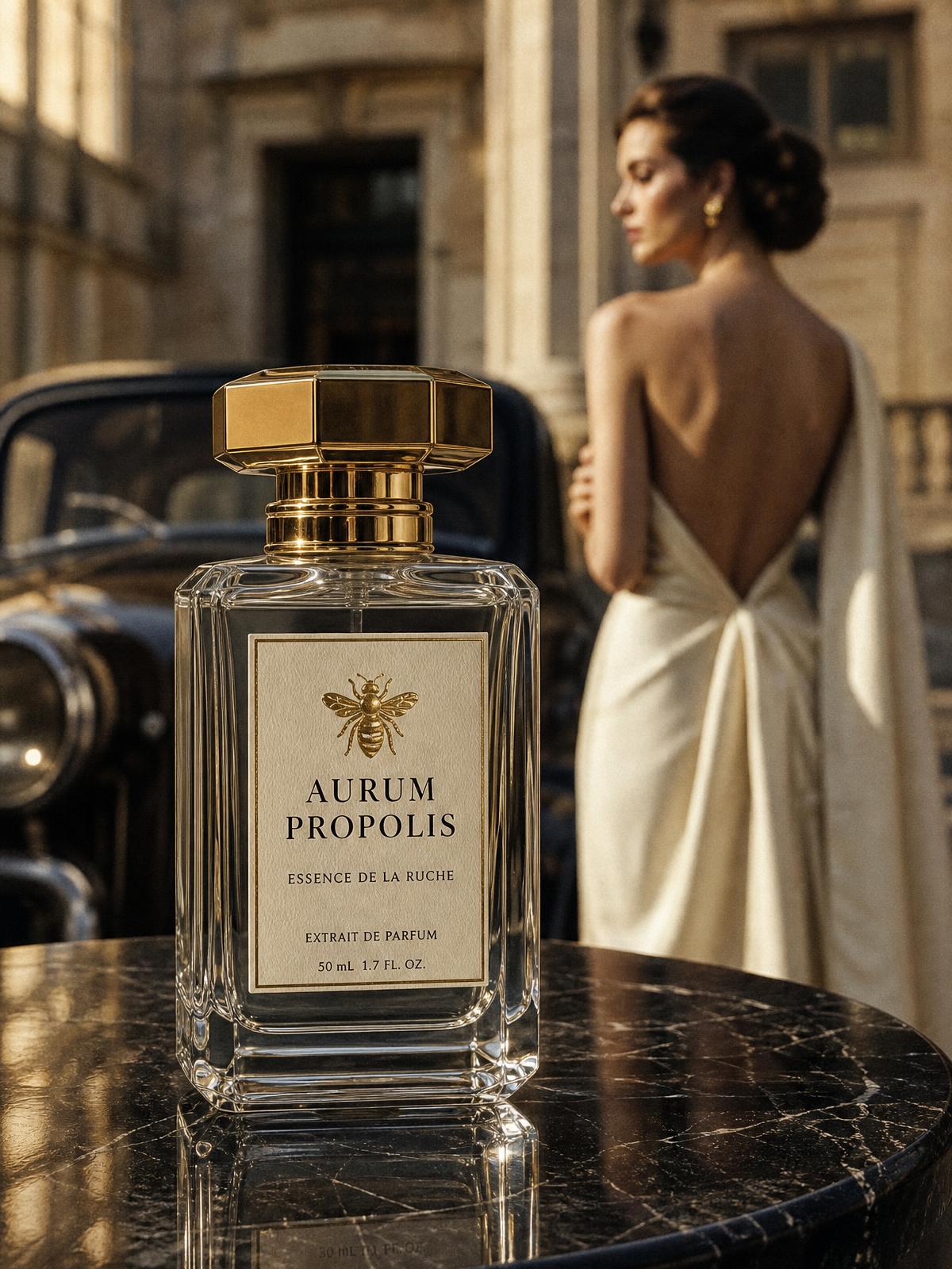 Aurum Propolis Aurora — crystal flacon held by a gloved hand at a black limousine at night