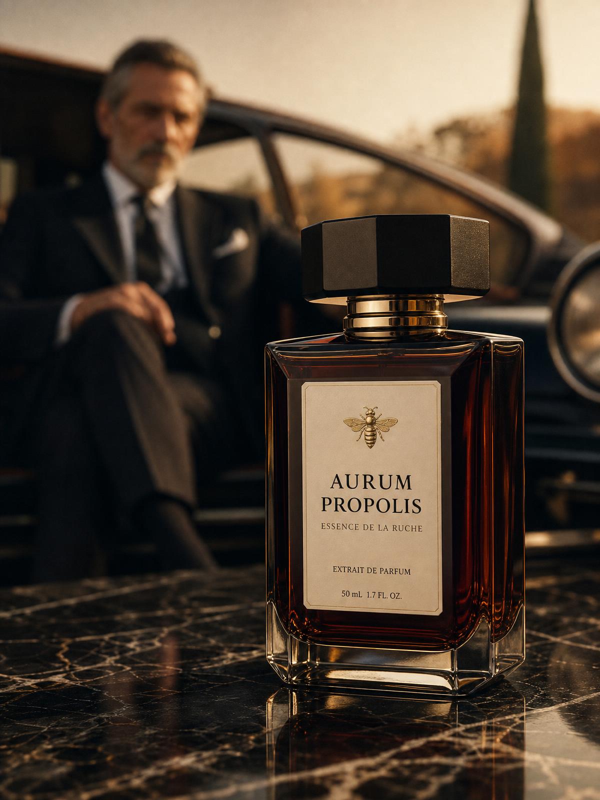 Aurum Propolis Virilis — dark amber flacon presented beside a vintage black luxury car at dusk