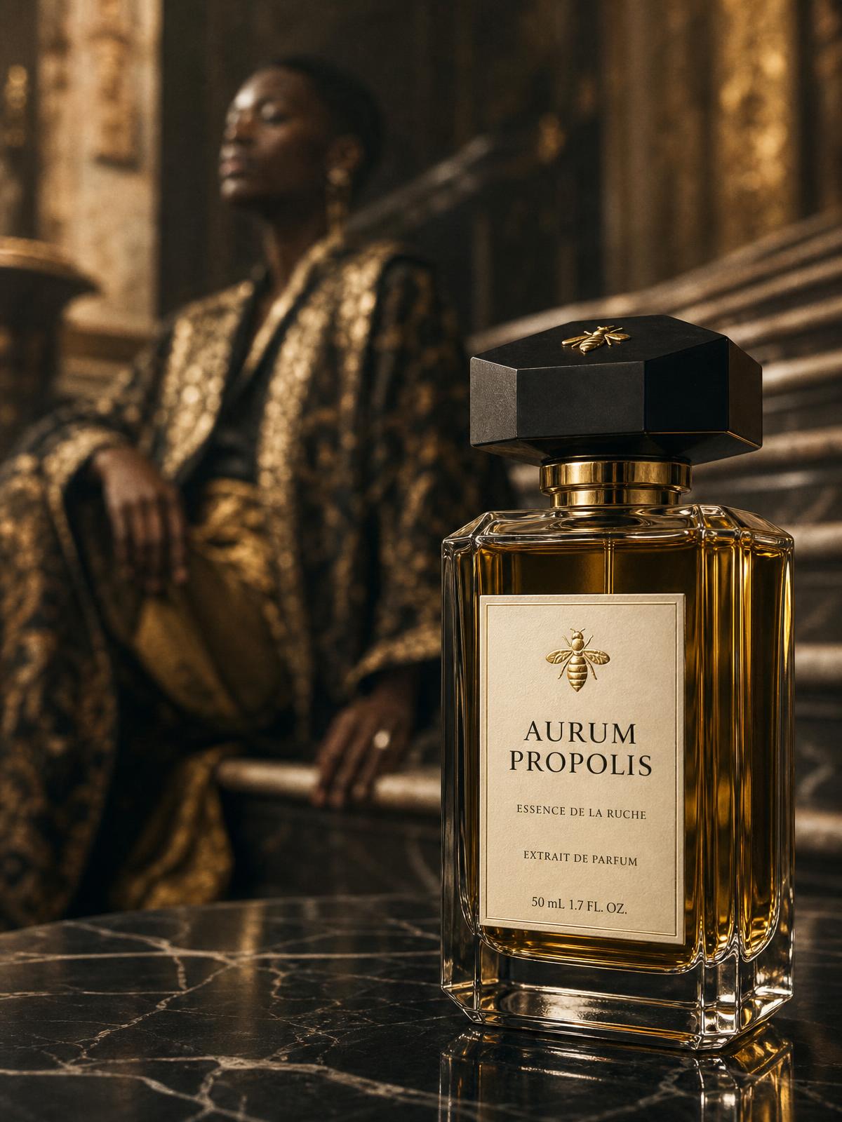 Aurum Propolis Elixir — golden bee-capped flacon raised to golden-hour light on marble steps