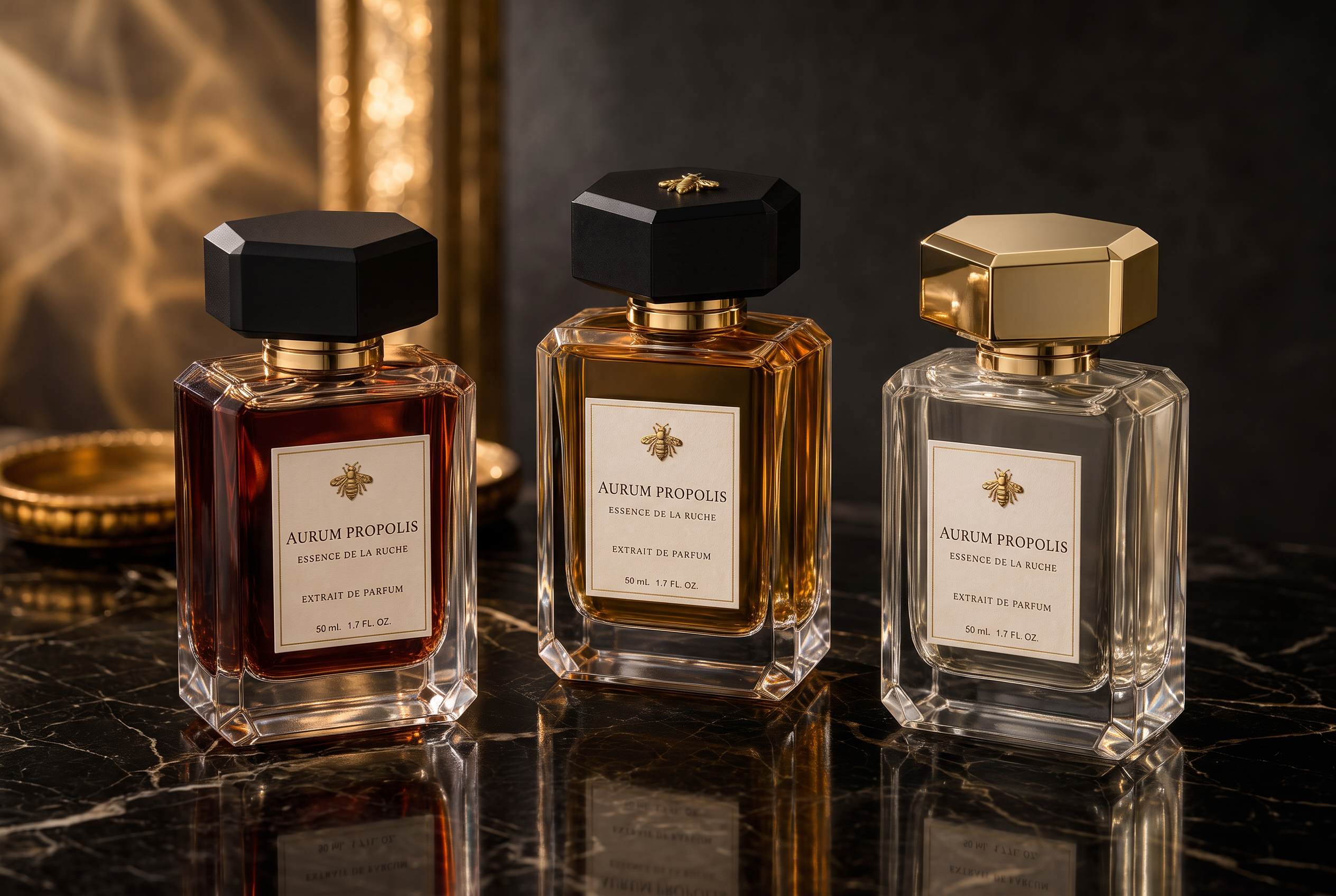 Three flacons of Aurum Propolis extrait de parfum on black marble