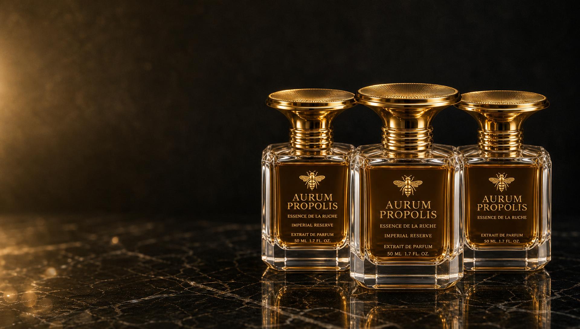 Three flacons of Aurum Propolis extrait de parfum — octagonal clear crystal beneath flared gold caps — arranged on black marble