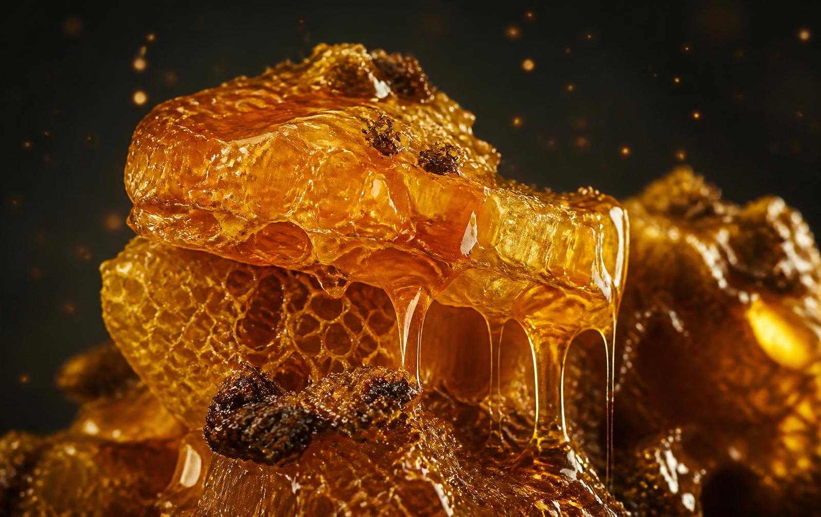 Golden honeycomb with dripping honey and raw propolis
