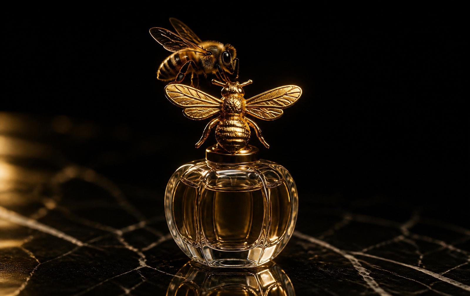 A living honeybee alighting delicately on the golden bee-shaped cap of the Aurum Propolis crystal flacon, chiaroscuro lighting against a deep black background