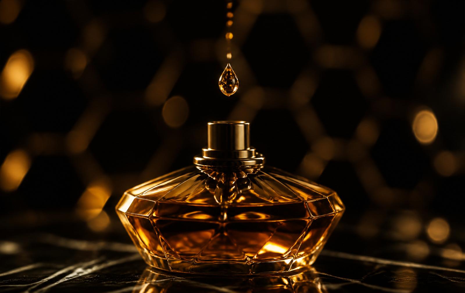 Macro of the amber Aurum Propolis flacon on black marble with a single golden drop of extrait suspended above it, glowing honeycomb bokeh in the background