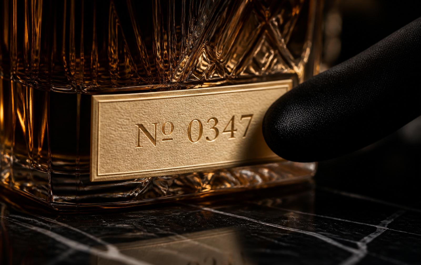 Close macro of an ivory-and-gold hand-numbered plaque engraved 'No 0347' on an amber flacon, a black-gloved fingertip resting delicately beside it, warm tungsten light