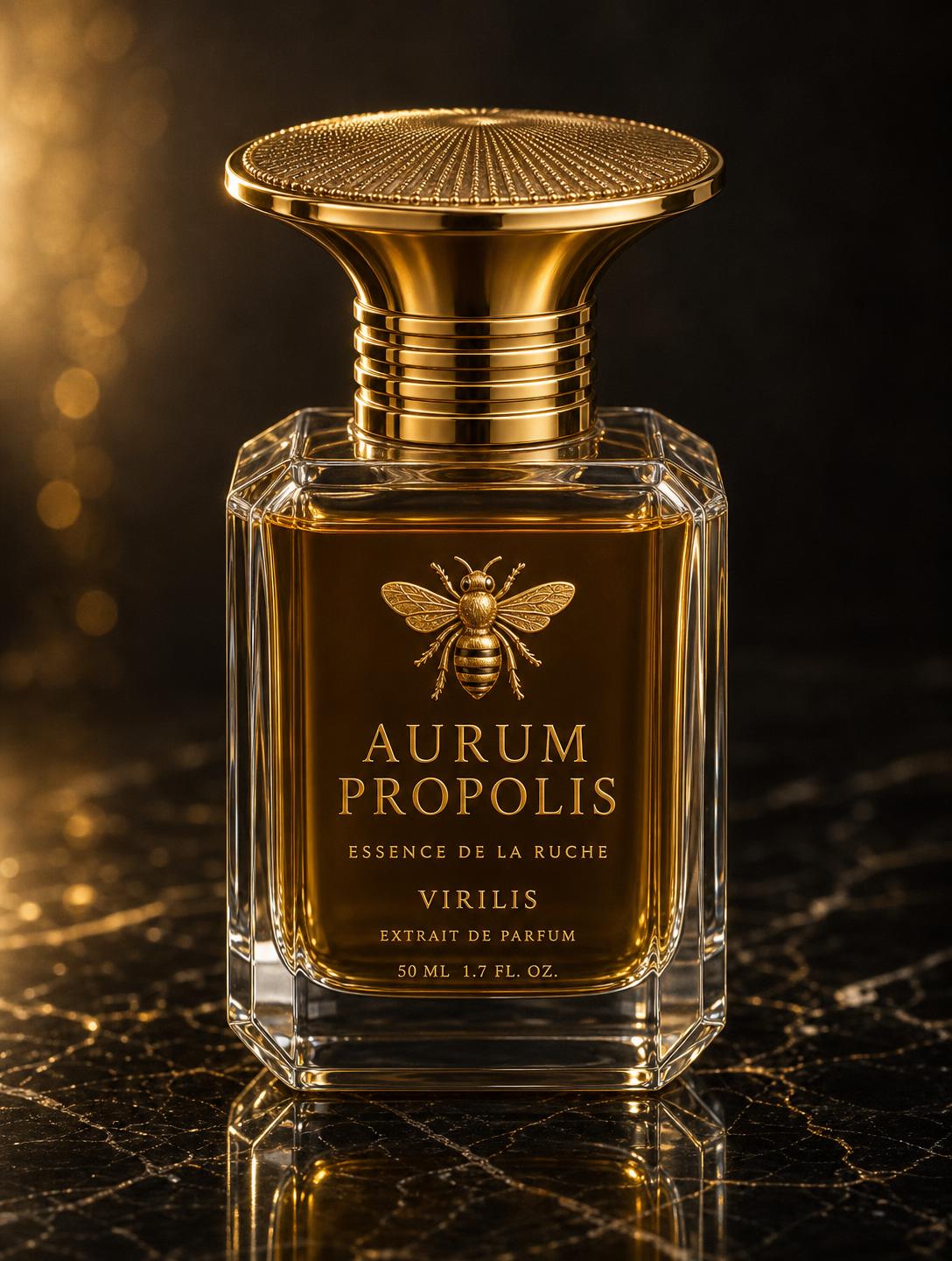 Virilis, Aurum Propolis — Essence de la Ruche — octagonal crystal flacon with gold guilloché cap